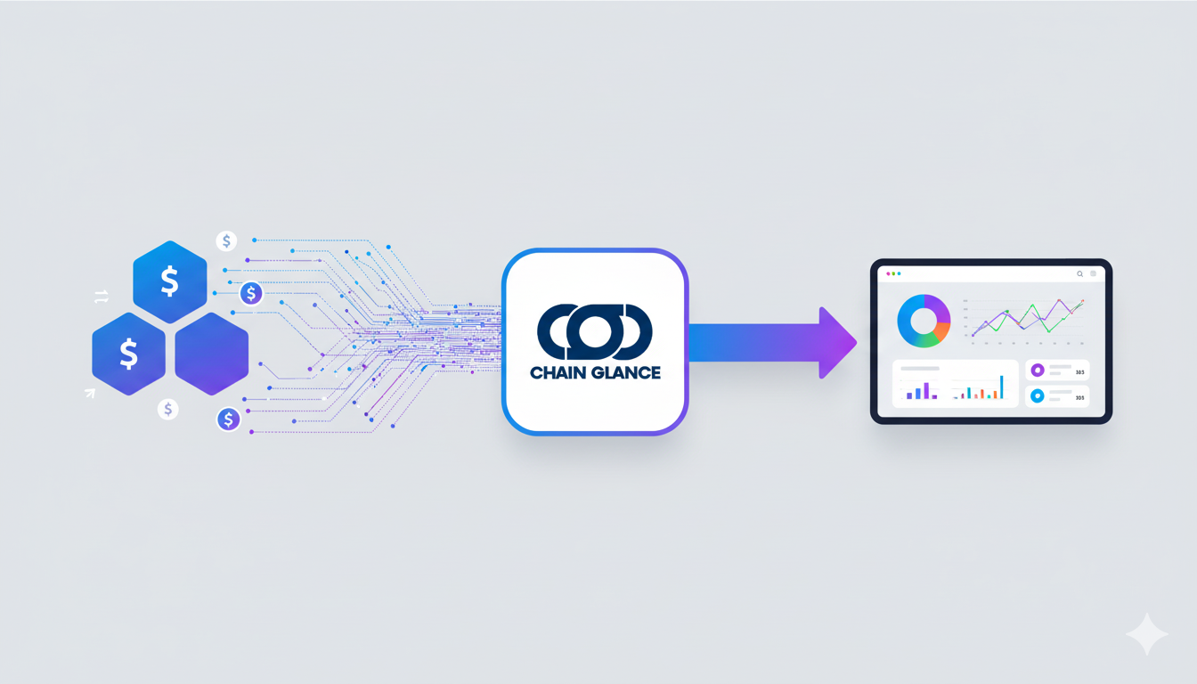 Flow diagram showing blockchain data flowing through Chain Glance to your dashboard
