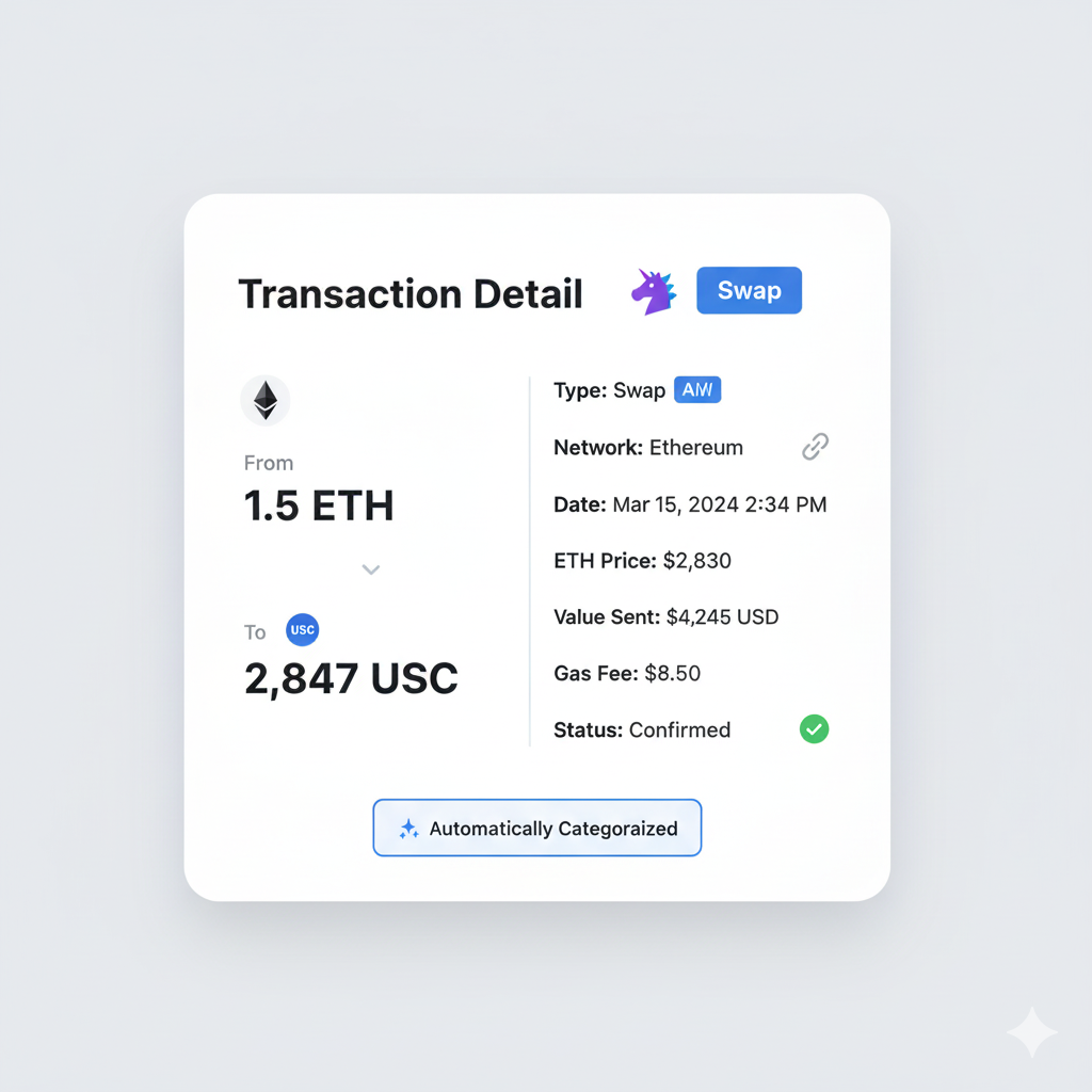 Transaction detail view showing automatic categorization of a DEX swap