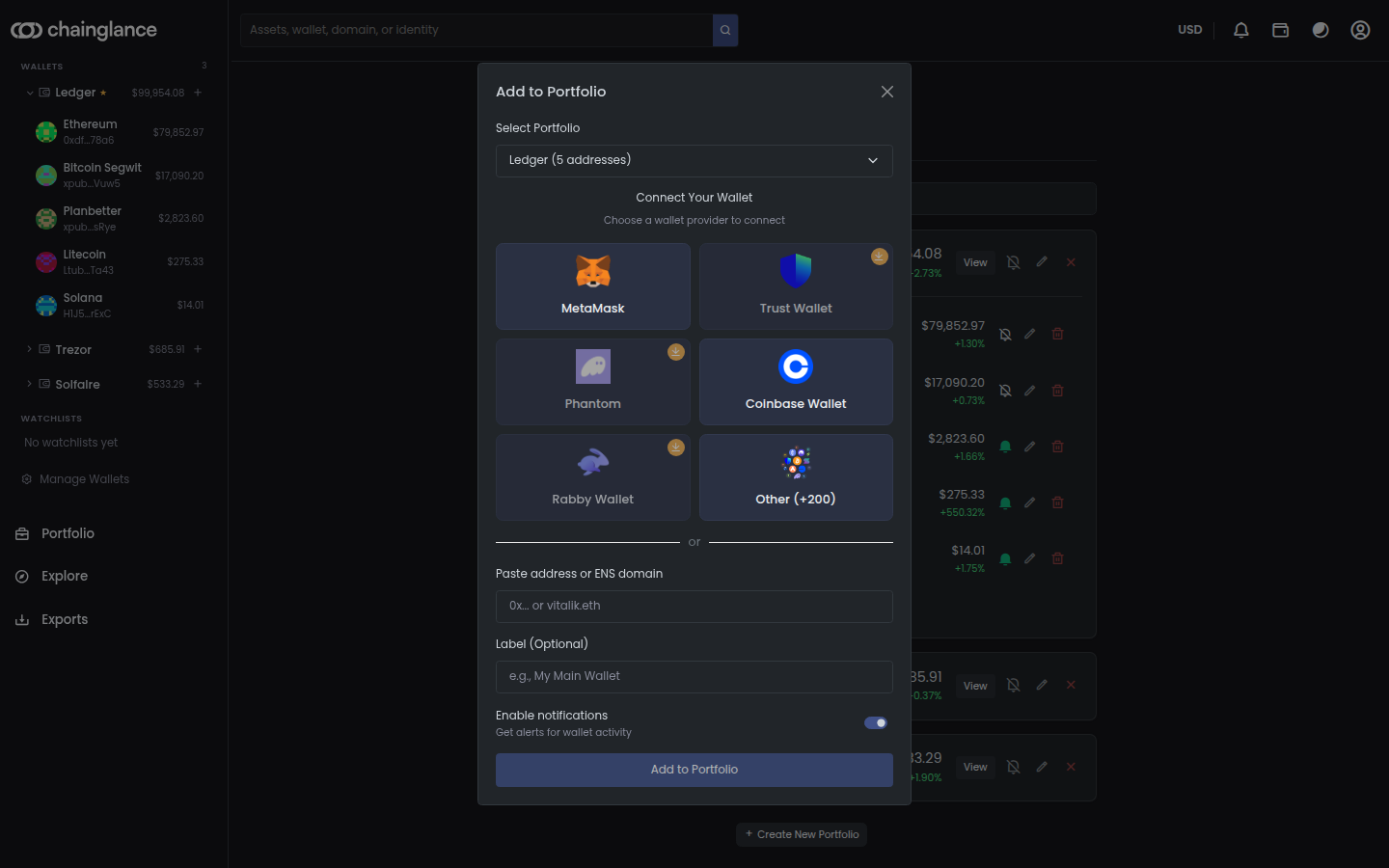 Add Wallet dialog with MetaMask, Coinbase, Phantom, Trust, Rabby and ENS-paste options