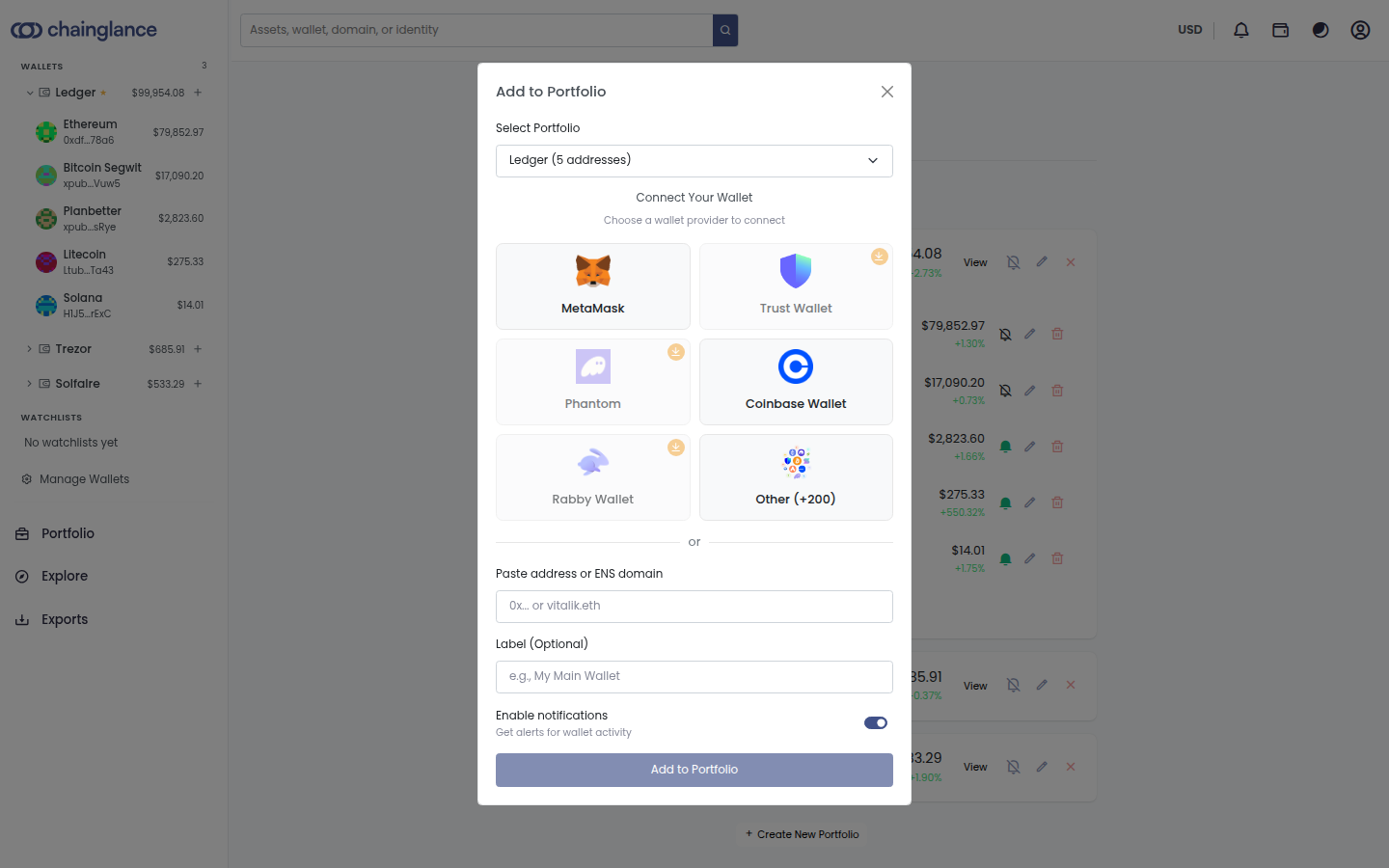 Add Wallet dialog with MetaMask, Coinbase, Phantom, Trust, Rabby and ENS-paste options