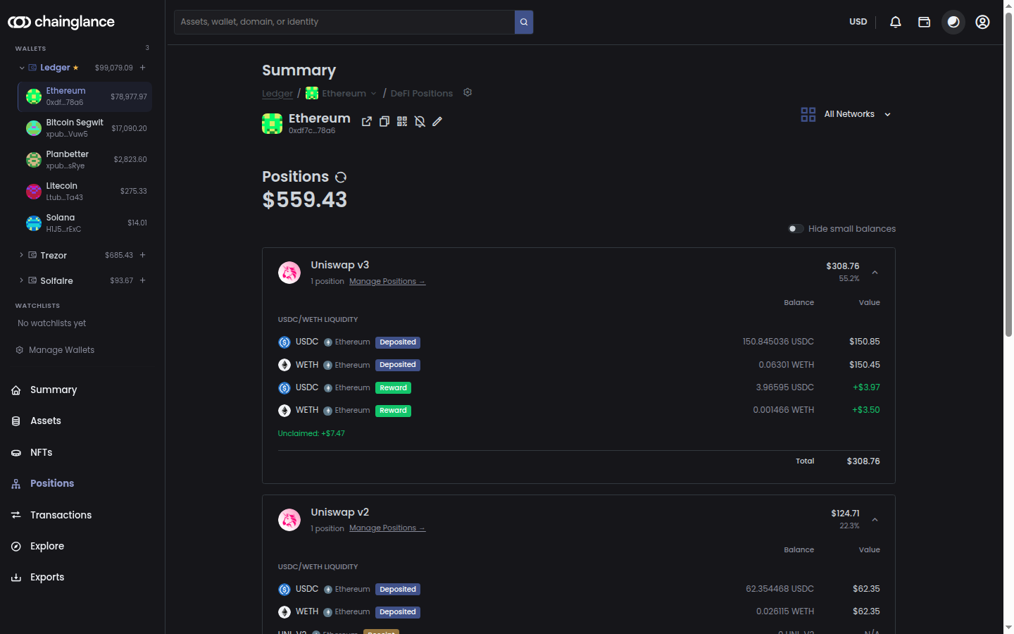 Auto-detected DeFi positions: Uniswap v3 and v2 liquidity pools with deposits and rewards