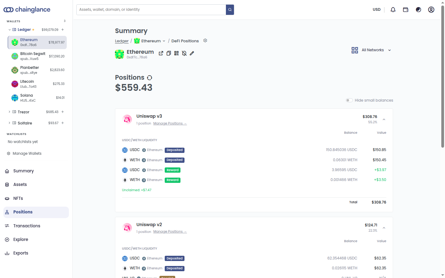 Auto-detected DeFi positions: Uniswap v3 and v2 liquidity pools with deposits and rewards