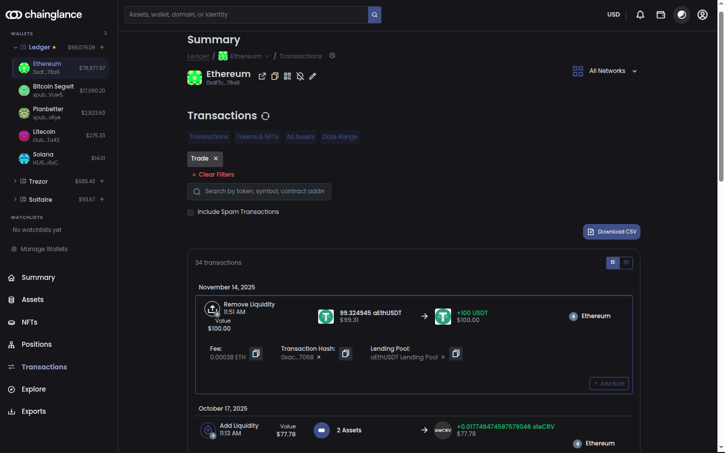 Transaction detail view showing an Aave Remove Liquidity event categorised automatically