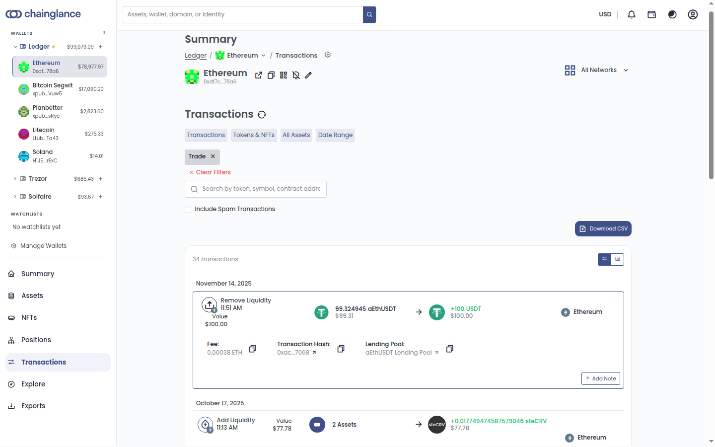 Transaction detail view showing an Aave Remove Liquidity event categorised automatically