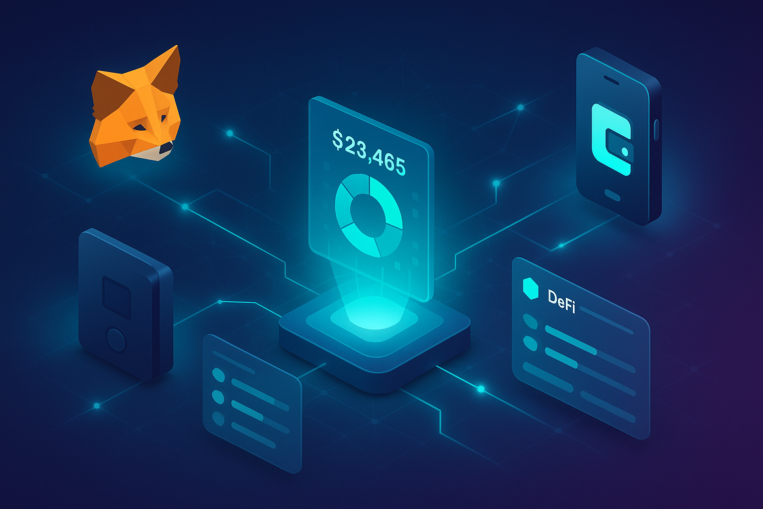 Modern cryptocurrency portfolio dashboard showing multiple wallets, token balances, and real-time charts