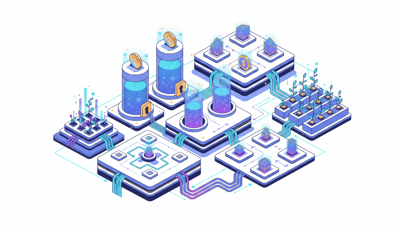 DeFi ecosystem illustration showing interconnected protocols